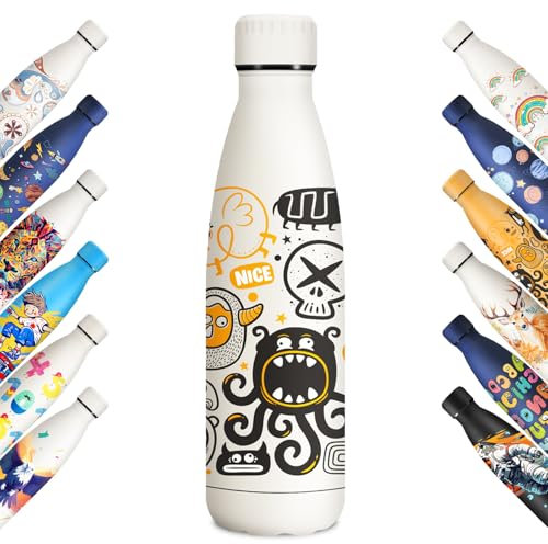 KollyKolla Edelstahl Trinkflasche 500ml, Flasche mit Personalisiert, Metall Thermosflasche Doppelwandig, Kohlensäure Geeignet, Isolierflasche für Camping, Kinder, Fitness, Sprudel, Monster-Weiß