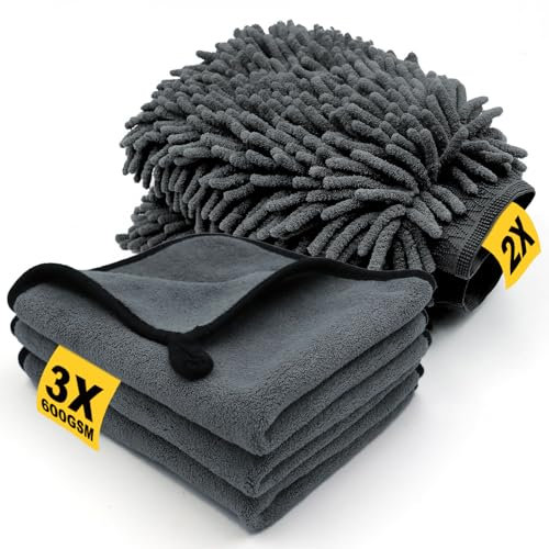 Kit Pulizia Auto con 3X Panno Microfibra e 2X Guanto Lavaggio Auto, 600 GSM Panno in Microfibra per Senza Graffi e Lucidare, Super Assorbente ed Estrem Delicato per Cura Moto, 40x30cm
