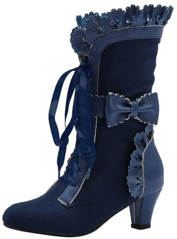 Xbemkste Bottines pour femme avec talon vintage, style victorien, mi-haute, à lacets, style médiéval, costume traditionnel, robe de mariée, bottes élégantes