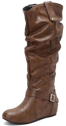 Bviennic Stivali Al Ginocchio Donna Mid Zeppa Casuale Punta Rotonda Zip Slouch 2595, Numero 34-48