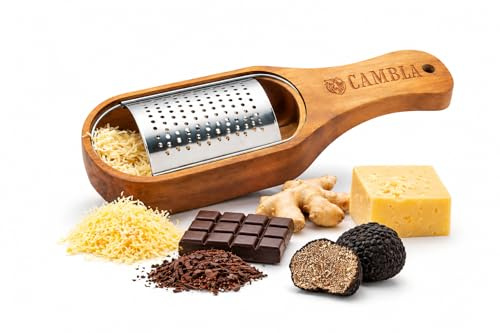 Rallador Cocina de Madera CAMBLA® con Depósito – Rallador de queso Manual, Limón, Jengibre y Chocolate – Acero Inoxidable y Madera Natural – Diseño Elegante y Duradero