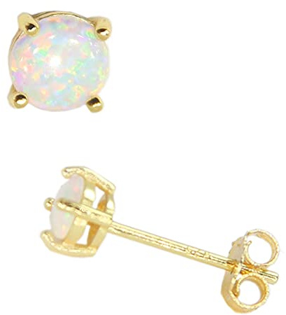 14K Gelbgold gefüllter Sterlingsilber 3/4/5/6MM Feueropal-Edelstein-Ohrstecker für Damen und Herren, Farbe Weiß - Blau - Rosa - Grün - Schwarz