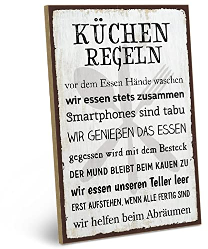 ARTFAVES® Wandbild Holzschild mit Spruch - KÜCHENREGELN - Türschild Retro Vintage Deko Bild Geschenk - Familie, Zuhause, Küche