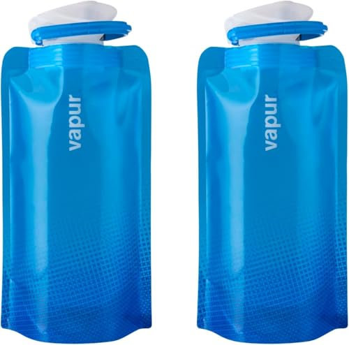Vapur Collapsible Water Bottle With Carabiner, Compact Bottle Folds Flat For Hydration On The Go, Ideal for Traveling, Hiking or Camping, 16 Ounce, Cyan Blue, Pack of 2