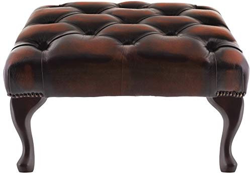 Grand repose-pieds Chesterfield en cuir véritable, Cuir, marron, 61cm x 44cm x 33cm High