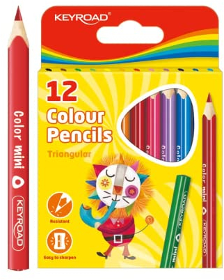 KEYROAD Mini Buntstifte Dreikantform - 12 Stück - Länge: 85mm/ Mischfarben / Erwachsene und Kinder/ Ideal für MalbücherLoch zum Aufhängen/ Komfortabel Handflächengriff für Kleinkinder