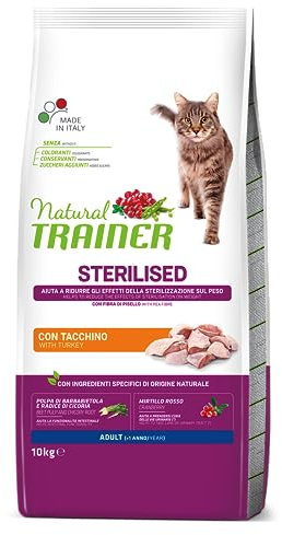 Trainer Natural Cat Sterilised Adult con Carni Bianche e Fibra di Pisello 10 Kg, 10000 Gr
