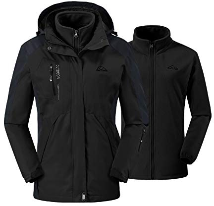 donhobo Damen Outdoor 3-in-1 Skijacke, Zweiteilige Winterjacke mit Fleecejacke, Winddicht Wasserdicht Freizeitjacke Warm Mantel Jacke mit Kapuze Schwarz L