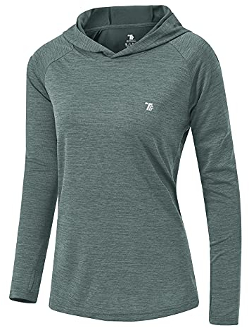 YSENTO Damen Laufshirt Langarm Sportshirt UPF 50+ Schnelltrocknend UV Schutz Hoodie Pullover Wandershirt mit Daumenlöcher(Grau blau,L)