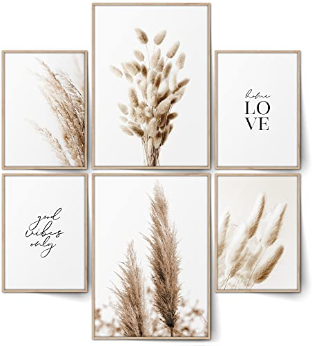 BLCKART Infinity Beige Love Bilder Set Pampasgras Poster Natur Gräser Stilvolle Beidseitige Deko Boho (L | 2x A3 | 4x A4 | ohne Rahmen, Beige Pampasgras)