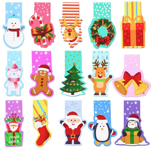 Lesezeichen Kinder,30 Stück Weihnachten Magnetische Lesezeichen Bunt,Weihnachtsgeschenke Magnetic Markings Santa Schneemann Seitenclips Markierungen,Buchmarkierungen Mitgebsel für Schüler Lehrer
