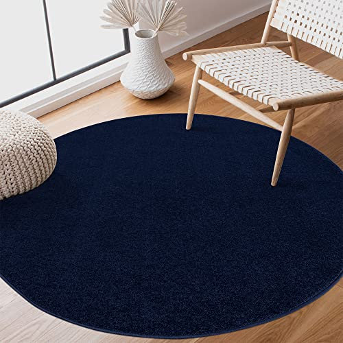 SANAT Kurzflor Teppich Wohnzimmer - Uni Modern Teppiche fürs Schlafzimmer, Arbeitszimmer, Büro, Flur, Kinderzimmer und Küche - Marine, 200 cm Rund