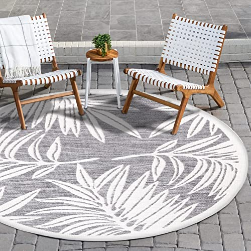 payé Outdoor Teppich Rund - 200x200cm - Wetterfest - Grau Weiß - Pflanzen Muster - Teppiche für Terrasse Balkon Garten Indoor