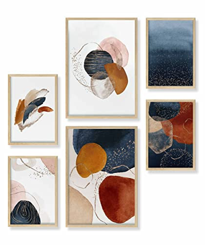 Heimlich® Premium Poster Set mit Bilderrahmen Holz Eiche | 2 x DIN A3 & 4 x DIN A4 - ca. 30x42 & 21x30 | Stilvolle Poster Collagen mit passenden Bilder als Wanddeko » Abstrakt Aquarell Gold I «