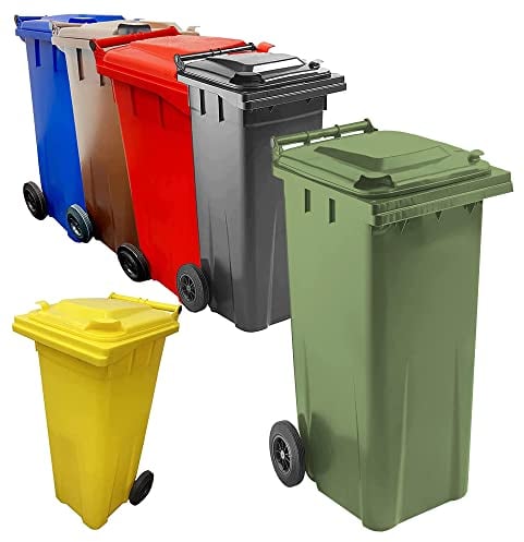 Pluto Packaging 140 Litre Coloured Wheelie Bins Compact Sized Red Blue Green Grey Brown & Yellow For Home Office Strong Disposal Bins With Rubber Wheels & Lids (Blue)