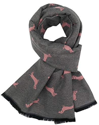 GFM® DGSHL-A Schal mit Dackel-Motiv, Kaschmir-Textur, für Herbst und Winter, FLD-DG-11-Grau Rosa