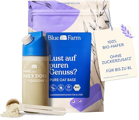 Blue Farm Starter Kit Deluxe bestehend aus Mixflasche, Dosierlöffel und 8 Liter Haferdrink zum Selbstmischen – 100% vegan, laktosefrei & glutenfrei – 90% weniger Verpackungsmüll