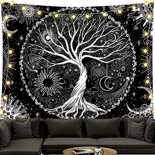 BOZILY Tapisserie Wandbehang, Schwarz und Weiß Baum des Lebens Wandteppiche Mondphasen Tapestry für Wohnzimmer Tagesdecke Zimmer Schlafzimmer(S/130x150cm)