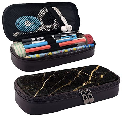 Black Rose Gold Marble Print Leather Pencil Case Pencil Bag Pouch Pen Holder for Girls and Boys Teenage Women Men