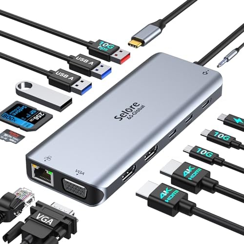 USB C Dockingstation Dual HDMI, 14 in 1 Dockingstation Triple Display, USB C Hub mit 2 * 4K HDMI,VGA, 10Gbps 2*USB C&USB A,Gigabit Ethernet,100W PD,SD/Micro SD, 3.5mm Audio&Mic für Dell HP