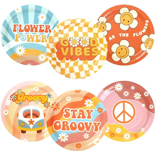 Groovy Pappteller Boho Groovy Partyteller Einwegteller 22,9 cm Pastell Geburtstag Teller 70er Jahre Groovy Daisy Flower Speiseteller für Groovy Geburtstag Retro Hippies Thema Babyparty Partyzubehör 24