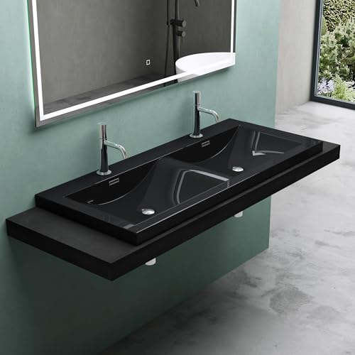 Mai & Mai Waschbecken Einbauwaschbecken Waschtisch 2 Becken Mineralguss rechteckig 2 Armaturenlöcher Überlauffunktion BxTxH 120x48x14 cm Schwarz Col03