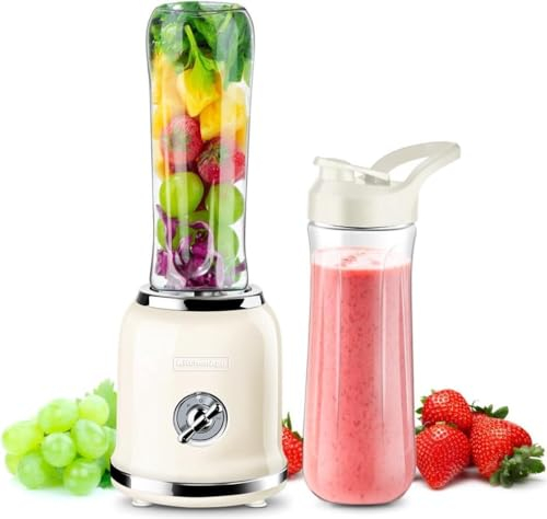 KitchenApp Mixer | Retro-Smoothie-Maker mit 6 Edelstahlklingen | 2 BPA-freie 600-ml-Flaschen | Standmixer und Smoothie-Mixer | 300 W Leistung, zwei Geschwindigkeiten mit Pulsfunktion, Beige