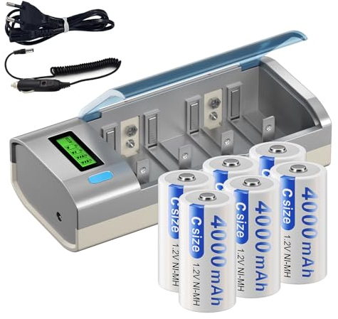 Mspalocell Batteria Baby C ricaricabile con caricabatteria universale, 6 pezzi 4000 mAh, batterie C ricaricabili con caricabatteria LCD per batterie AA/AAA/C/D NI-MH