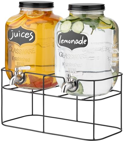 Navaris 2X Getränkespender 5 Liter aus Glas - Zapfhahn aus Edelstahl und Ständer - Wasserspender Glasbehälter Set für kalte Getränke - Schwarz