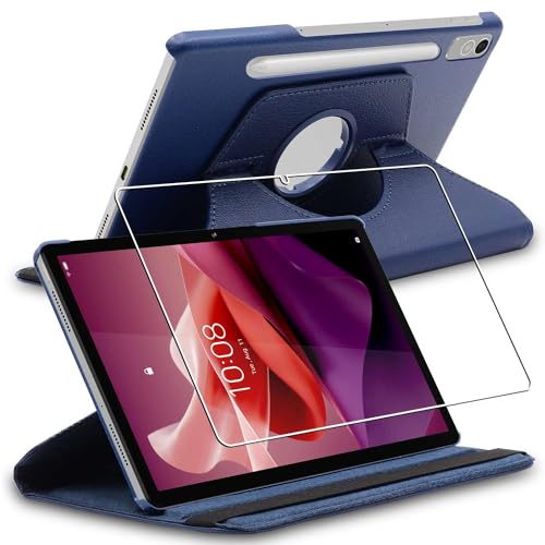 ebestStar - Funda para Lenovo Tab P12 (2023), Carcasa Capa Giratoria, 360 Protectora, Cuero PU Soporte, Azul Oscuro + Cristal Templado
