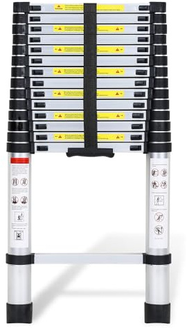 Fiqops 4.4M Aluminium Teleskopleiter, Ausziehbare Leiter 150 kg Belastbarkeit, Rutschfester Aluleiter Stehleiter Tragbar Aluminiumleiter, Teleskop Ausziehleiter Mehrzweckleiter