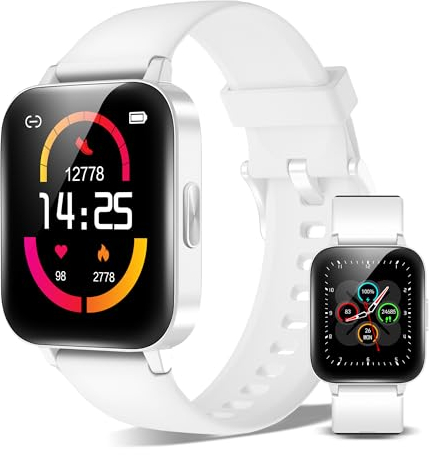 XINJI Smart Watch C1 mit Bluetooth 5.0, 1,69 Touchdisplay, Puls-/Blutsauerstoff-Messung, Kalorien-/Schrittzähler, Benachrichtigungsfunktion, App-Steuerung, Fernauslöser, 5ATM Wasserdicht, weiß