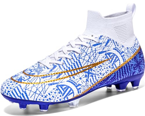 VTASQ Scarpe da Calcio Uomo Professionale Scarpe da Allenamento Teenager Spike attività all'aperto Training Sportivo Alte Scarpe da Calcetto Prato Artificiale Bianco 37 EU