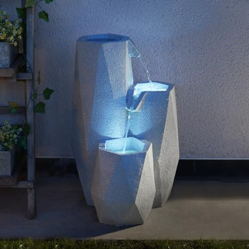 Festive Lights - 49.5cm White Serenity Cascading Hybrid Fountain with Solar & Mains Plug In Power - Stone Effect Polyresin Water Feature, Bright LED Light, Timer Function, IP44 Rated, 3m Black Cable