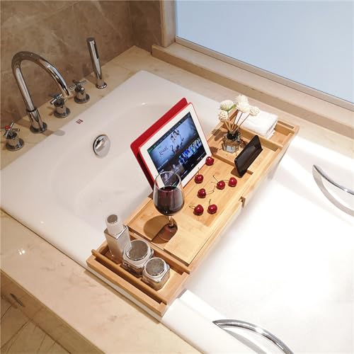 Badewannenablage Bambus Holz Badewannentablett Ausziehbares 75-109cm rutschfeste Wannenablage Passend für die meisten Badewannen - Hält Buch, iPad, Telefon, Glas, Kerze