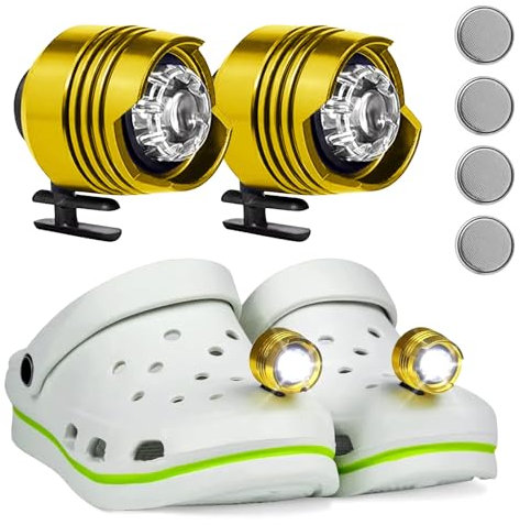 MXJFYY 2Pcs Croc Headlights, Kleine Lichter Croc, 3 Modi Licht Einstellbar, IPX5 Wasserdichte Schuh Scheinwerfer für Wandern Camping, Urlaubsgeburtstagsgeschenke für Erwachsene Kinder（Gold）