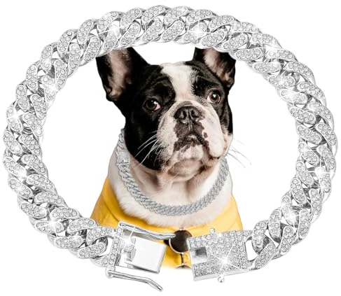 Lilbitty Silberner Hundehalsband Diamant Kubanisches Gliederhalsband 13mm Breites Hundehalsband Metall Katzenhalsband Haustier Kristallhalsband Schmuck Zubehör,40cm