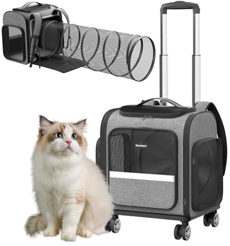 Rollende Katzentrage mit Rädern: Hundetrage für kleine Hunde & große Katzen, erweiterbare Haustiertragetasche auf Rädern mit Katzenspieltunnel, große Kapazität, atmungsaktives Netzgewebe, Seitentasche