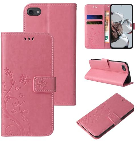 LBH Custodia per Apple iPhone 7/8/SE, con motivo a farfalla, motivo floreale, funzione leggio, protezione a 360 gradi, colore: oro rosa