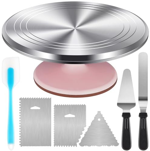 Kootek Aluminium Cake Turntable Set, Baking Tools with Revolving 12 Cake Stand for Decorating, 12.7 Offset Spatula, 3 Stainless Steel Frosting Icing Smoother, Cake Serve Cake Decorating Kit Supplies