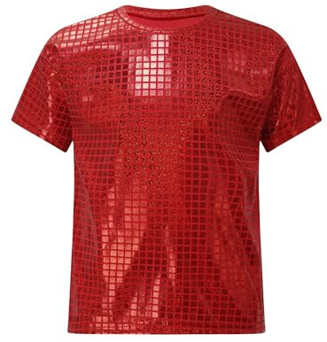 TiaoBug Mädchen Jungen Pailletten T-Shirt Kurzarm Rundhals Tee Sommer Metallic Shirt Unterhemd Glänzend Jazz Modern Oberteil Tanzbekleidung Rot 122-128