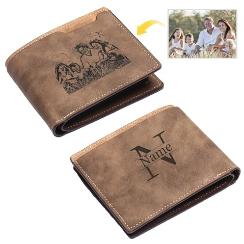 OXYEFEI Portmonee Herren Personalisiert, Geldbeutel mit Gravur Herren,Brieftasche Foto Personalisierte Herre Bifold,Engraved Picture & Initial Name Wallets for Men,Vatertagsgeschenk Geldbeutel(Braun)