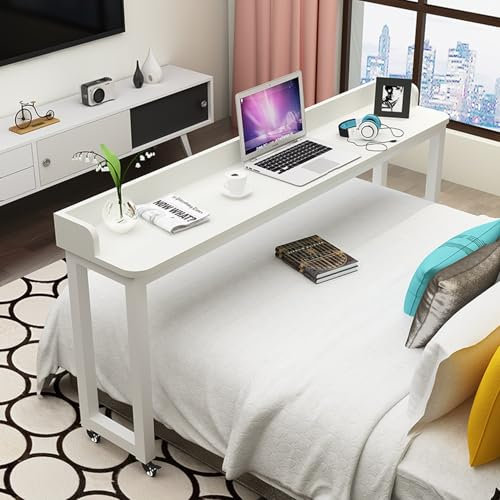 Mobile overbed table with wheels, Rolling Over Bed Desk Double, Modern and Simple Computer Workstation, Thickened Wood Board + Iron Frame, 170×40×80 cm, White