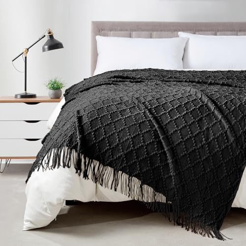 BOURINA Textured Solid Knitted Throw Blanket Black 127x178cm | Jacquard Argyle Throw Textured Solid Soft Throws and Blankets for Sofa or Bed Knitted Decorative Blanket