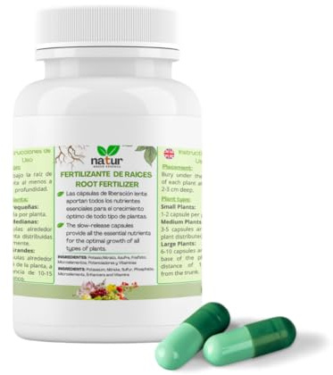 Natur Cápsulas de Abono para Raíces, Potenciador del Crecimiento, Abono Completo con todos los Nutrientes para Plantas de Interior, Exterior y Jardín, 100 Pastillas.