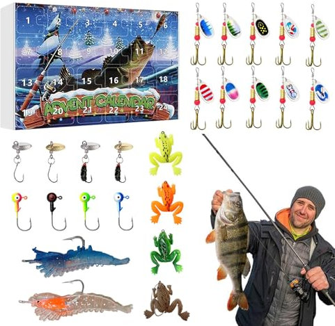 Kleiner batteriebetriebener Adventskalender mit Fernbedienung und Timer, 2024, Erwachsene, Männer, Teenager, Jungen, Angeln, Adventskalender für Süßwasser, Salzwasser, weicher Kunststoff, für Vater,