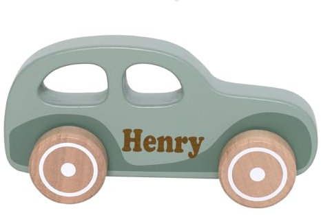 Elefantasie Spielzeug Auto aus Holz Retro Car personalisierbar mit Name Baby Geschenk mit Gravur (Grün)