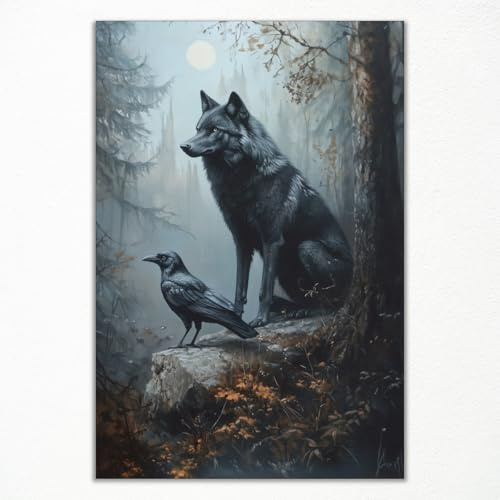 Wolfs-Wandkunst, Raben-Poster, dunkle Waldlandschaft, Leinwand, Wandkunst, schwarze Krähe, Bild mit schwarzem Vogel, Symbiotische Tier- und Holzmalerei, gotisch, stimmungsvoll, Naturliebhaber,