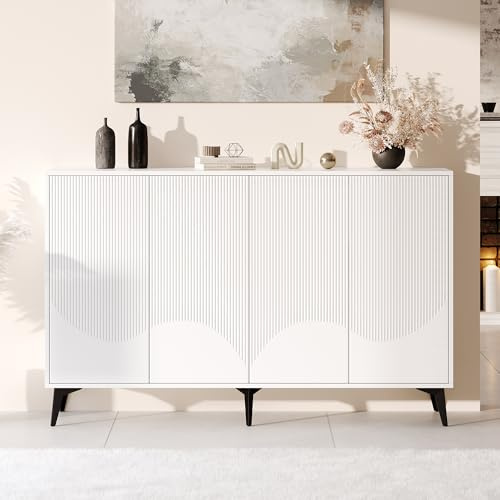 KAZZIO Weiß Sideboard Breite 160cm, Multifunktionales Sideboard, Kommode, Highboard mit verstellbaren Einlegeböden, 4 Türen, Metallbeine (4 Türen)