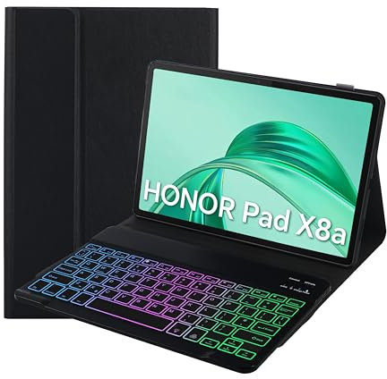 SUEEWE Case with Keyboard for Honor Pad X8a 11 inch, 7 Color Backlight, Wireless UK Layout keyboard, Removable Detachable for Honor Pad X8a 2024, Black